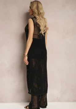 Czarna Długa Bluzka w Stylu Ażurowej Narzutki z Rozcięciem z Przodu Corita