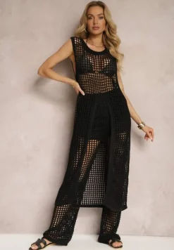 Czarna Długa Bluzka w Stylu Ażurowej Narzutki z Rozcięciem z Przodu Corita