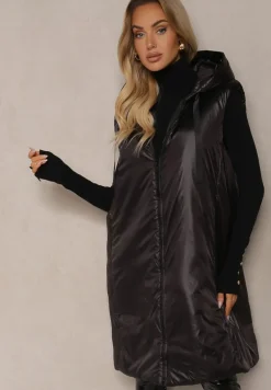 Czarna Długa Kamizelka o Prostym Kroju Zapinana na Suwak Nikiala