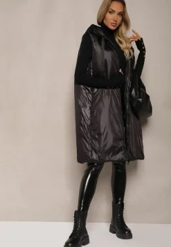 Czarna Długa Kamizelka o Prostym Kroju Zapinana na Suwak Nikiala