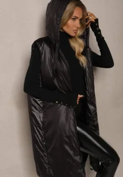 Czarna Długa Kamizelka o Prostym Kroju Zapinana na Suwak Nikiala