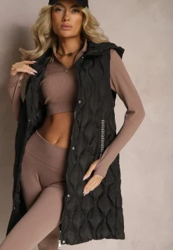 Czarna Długa Kamizelka Pikowana z Kapturem Nallona
