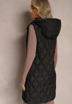 Czarna Długa Kamizelka Pikowana z Kapturem Nallona