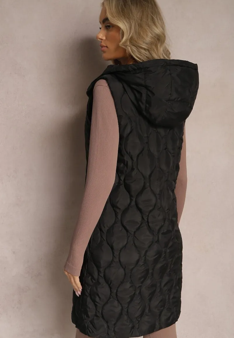 Czarna Długa Kamizelka Pikowana z Kapturem Nallona