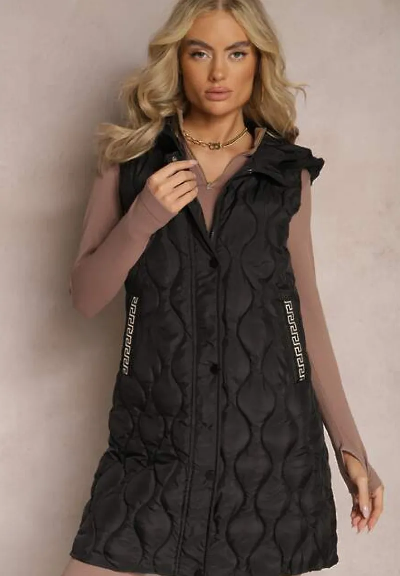 Czarna Długa Kamizelka Pikowana z Kapturem Nallona