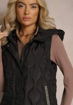 Czarna Długa Kamizelka Pikowana z Kapturem Nallona