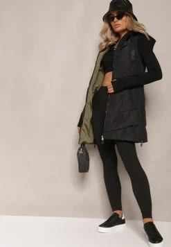 Czarna Długa Kamizelka Pikowana Dwustronna ze Sznurkami przy Kapturze Frenila