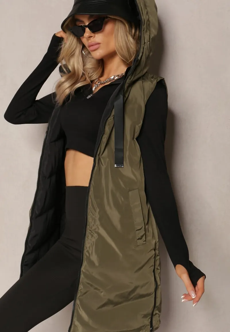 Czarna Długa Kamizelka Pikowana Dwustronna ze Sznurkami przy Kapturze Frenila