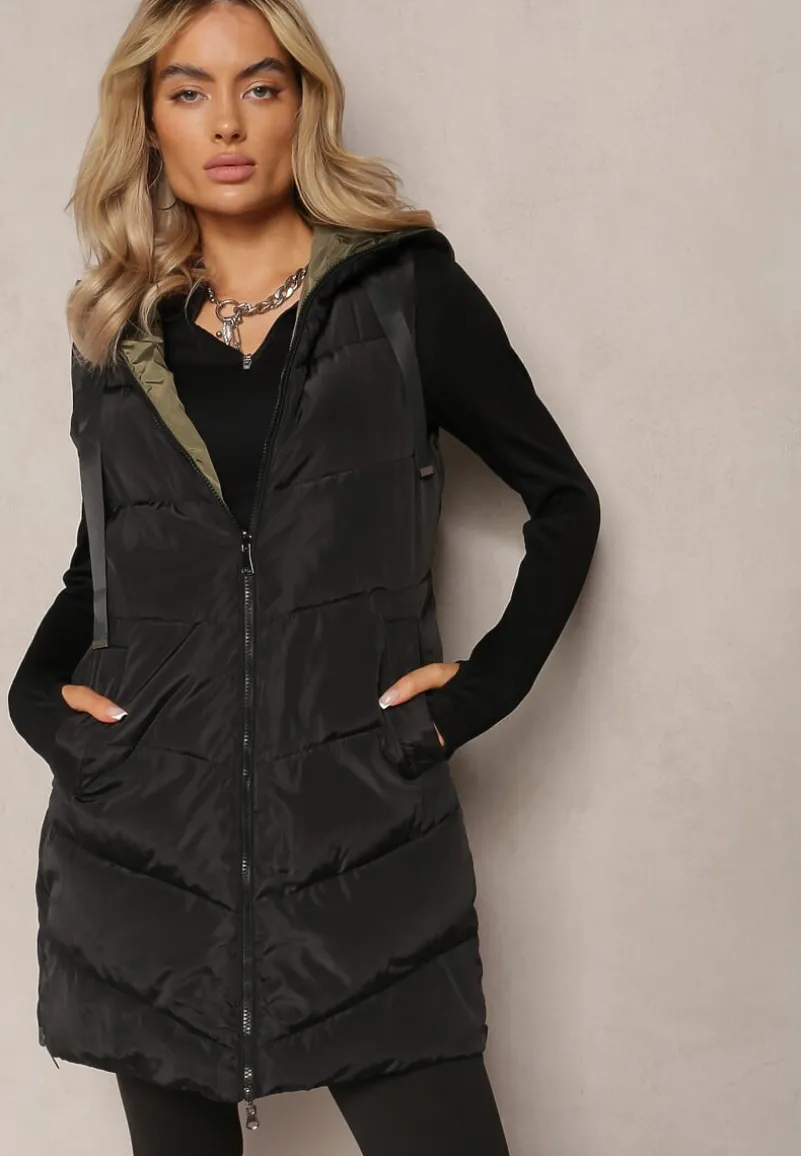 Czarna Długa Kamizelka Pikowana Dwustronna ze Sznurkami przy Kapturze Frenila