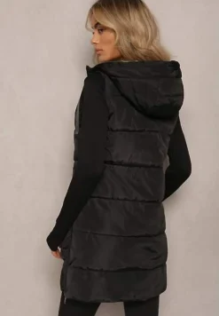 Czarna Długa Kamizelka Pikowana Dwustronna ze Sznurkami przy Kapturze Frenila