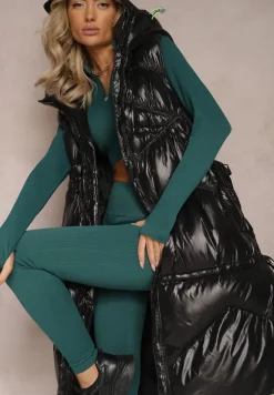 Czarna Długa Kamizelka Pikowana z Kapturem Azalira