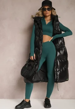 Czarna Długa Kamizelka Pikowana z Kapturem Azalira