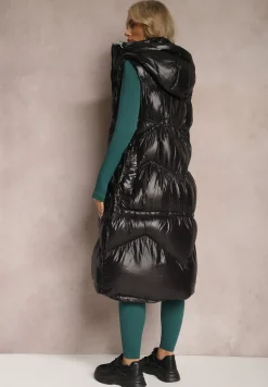 Czarna Długa Kamizelka Pikowana z Kapturem Azalira