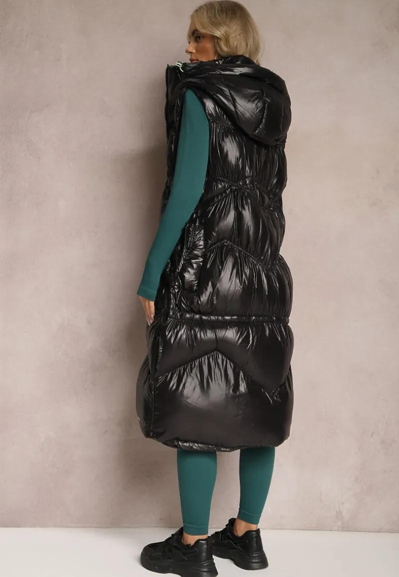 Czarna Długa Kamizelka Pikowana z Kapturem Azalira