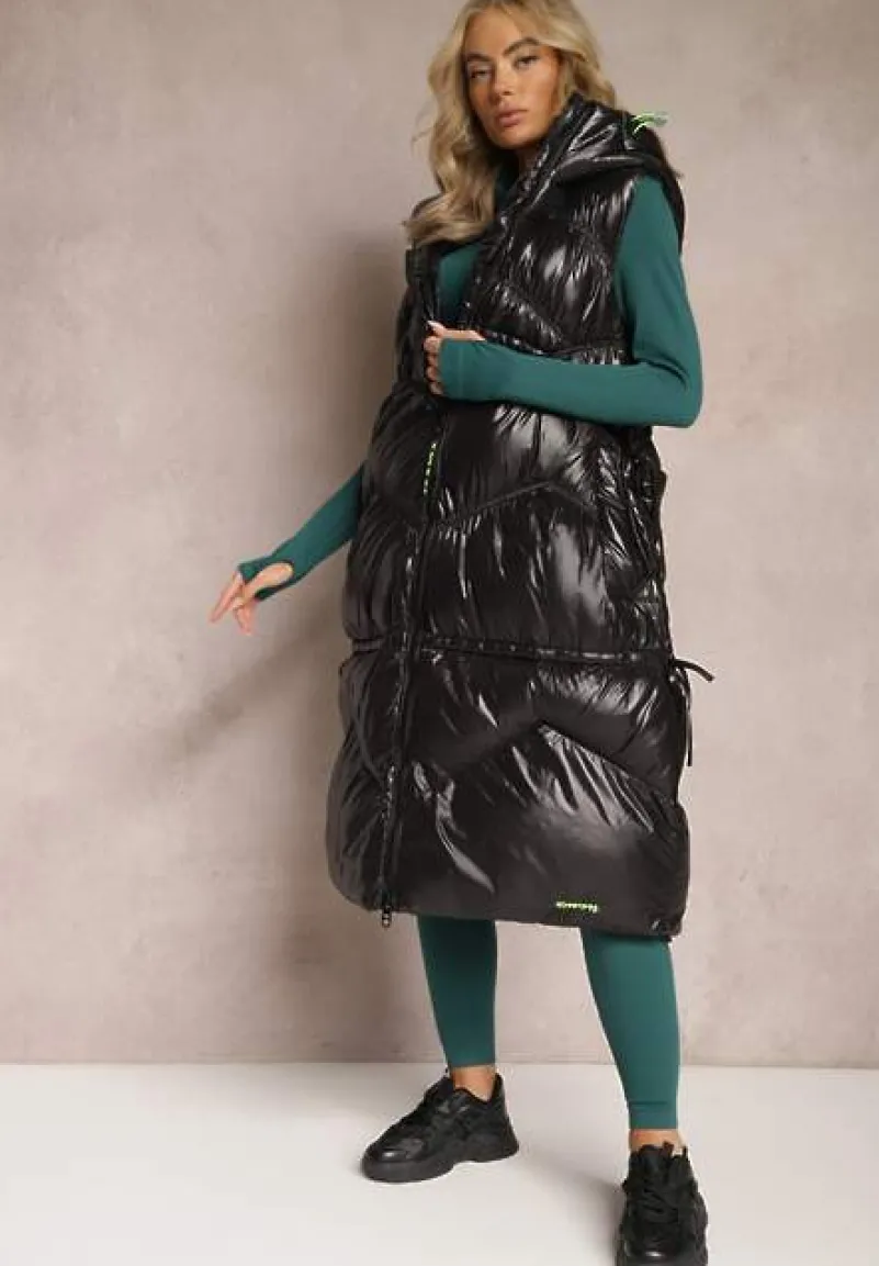 Czarna Długa Kamizelka Pikowana z Kapturem Azalira