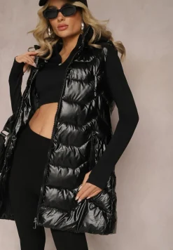 Czarna Długa Kamizelka Pikowana z Kapturem Umissa