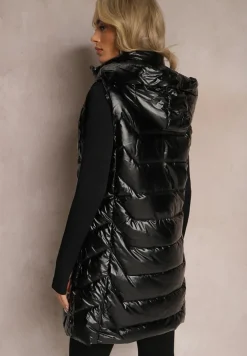 Czarna Długa Kamizelka Pikowana z Kapturem Umissa