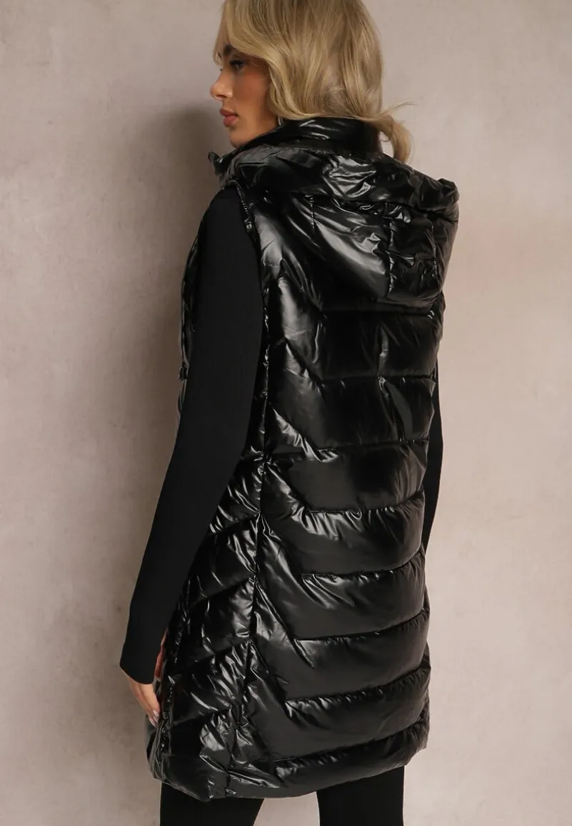 Czarna Długa Kamizelka Pikowana z Kapturem Umissa