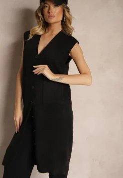 Czarna Długa Kamizelka z Dzianiny z Wełną i Guzikami Issarae