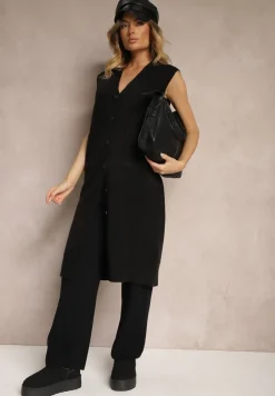 Czarna Długa Kamizelka z Dzianiny z Wełną i Guzikami Issarae