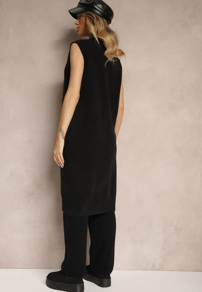 Czarna Długa Kamizelka z Dzianiny z Wełną i Guzikami Issarae