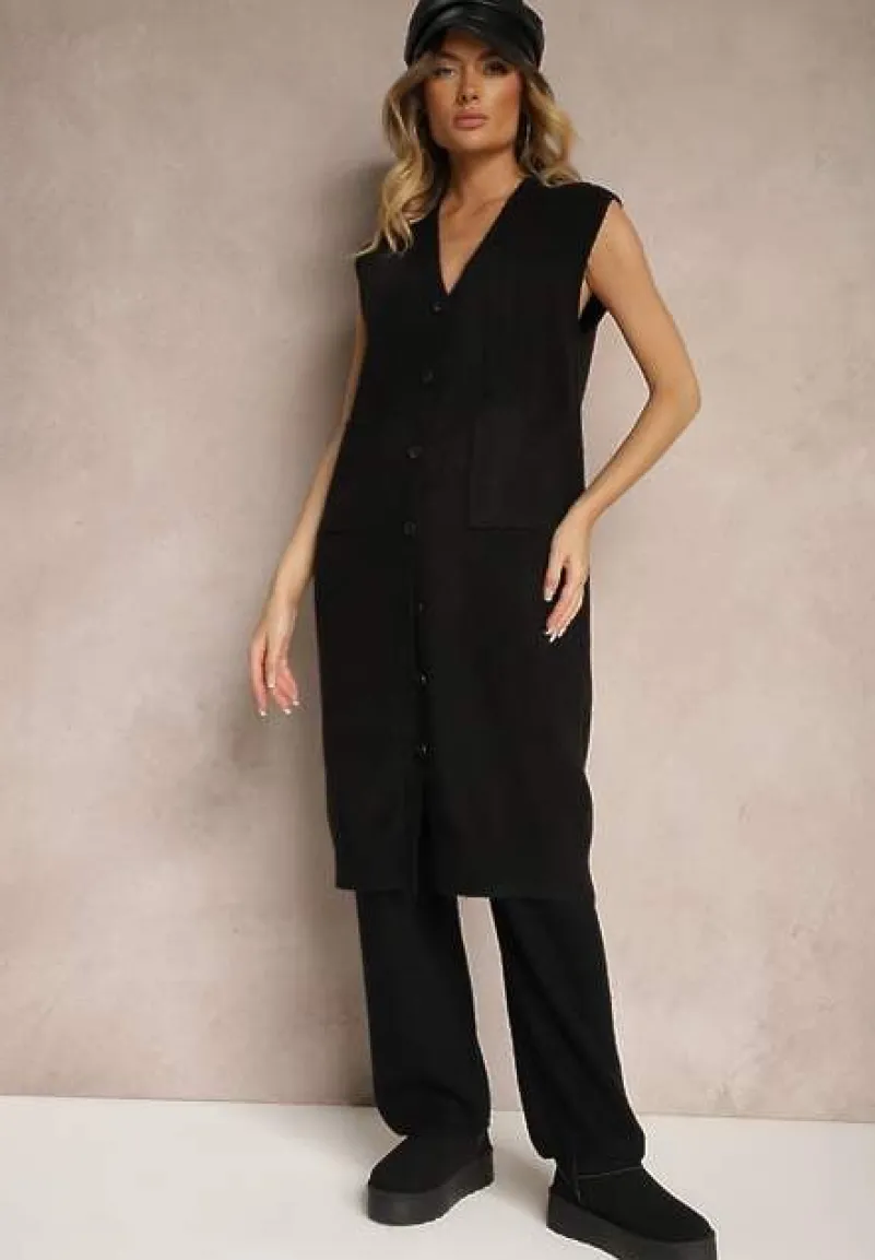 Czarna Długa Kamizelka z Dzianiny z Wełną i Guzikami Issarae