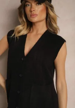 Czarna Długa Kamizelka z Dzianiny z Wełną i Guzikami Issarae