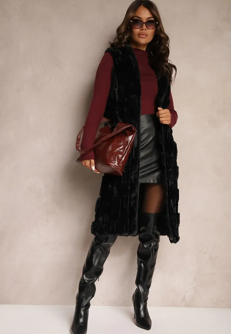 Czarna Długa Kamizelka z Futerka Zapinana na Suwak z Kapturem Vioresa