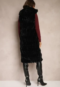 Czarna Długa Kamizelka z Futerka Zapinana na Suwak z Kapturem Vioresa