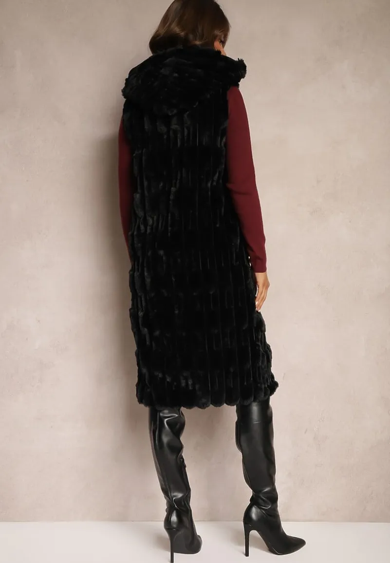 Czarna Długa Kamizelka z Futerka Zapinana na Suwak z Kapturem Vioresa