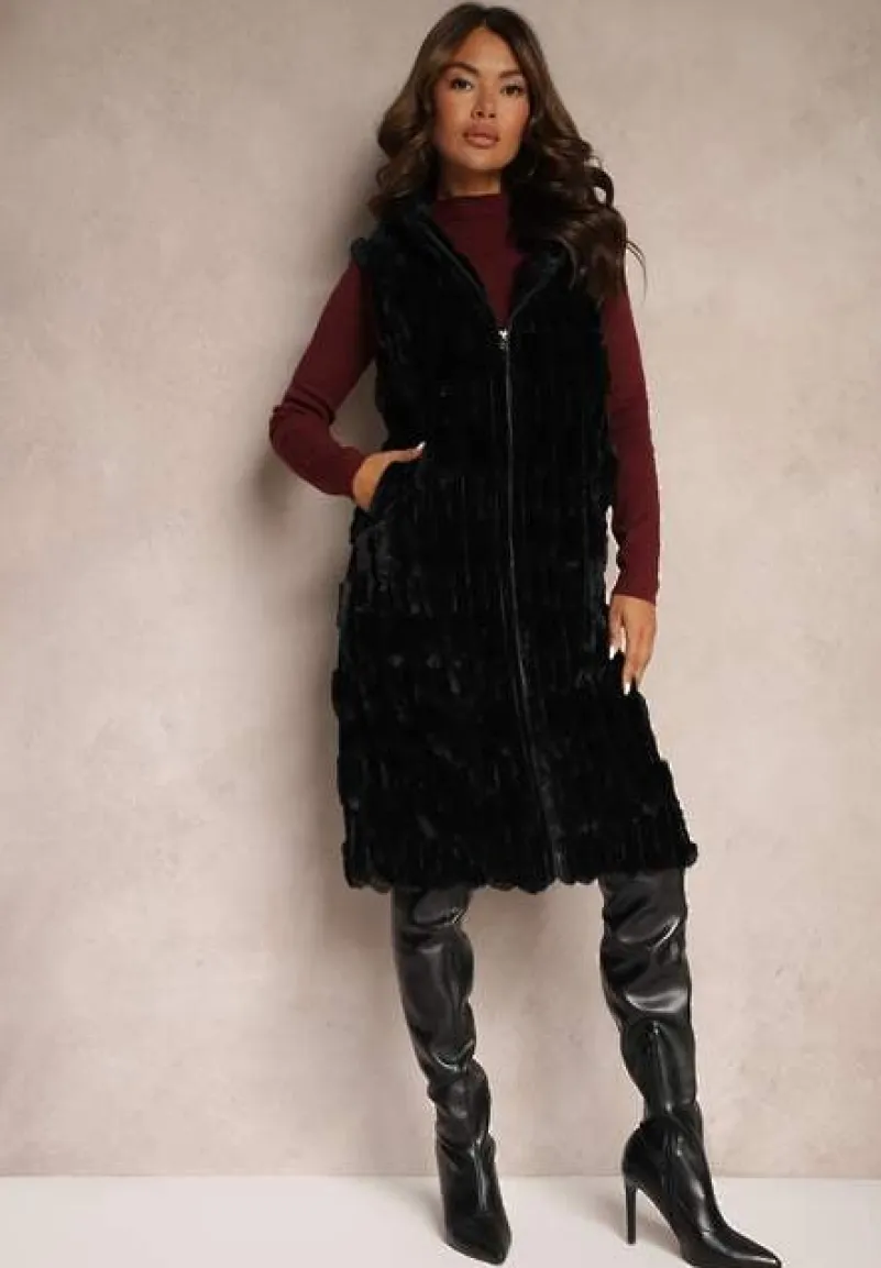 Czarna Długa Kamizelka z Futerka Zapinana na Suwak z Kapturem Vioresa