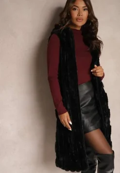 Czarna Długa Kamizelka z Futerka Zapinana na Suwak z Kapturem Vioresa