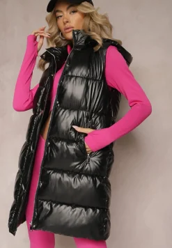 Czarna Długa Kamizelka z Kapturem i Kieszeniami Ozdobiona Pikowaniem Moncja