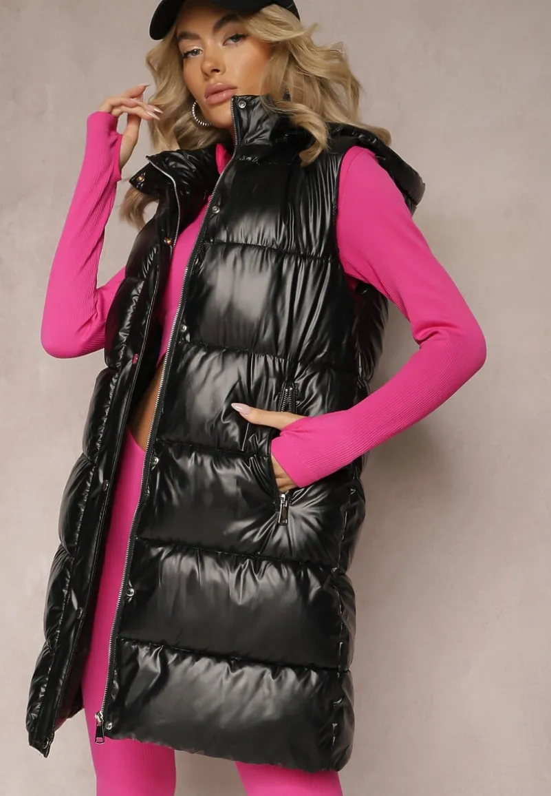 Czarna Długa Kamizelka z Kapturem i Kieszeniami Ozdobiona Pikowaniem Moncja