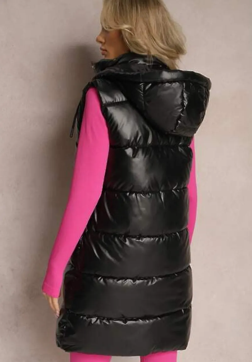 Czarna Długa Kamizelka z Kapturem i Kieszeniami Ozdobiona Pikowaniem Moncja