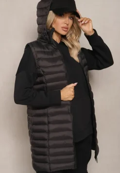 Czarna Długa Kamizelka z Kapturem i Ozdobnym Pikowaniem Vitiena