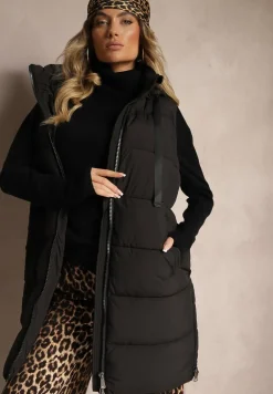 Czarna Długa Kamizelka z Ozdobnym Pikowaniem i Odpinanym Kapturem Neriora