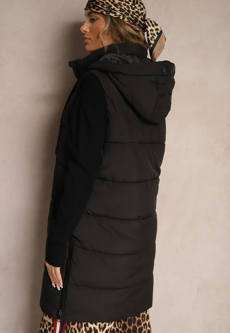 Czarna Długa Kamizelka z Ozdobnym Pikowaniem i Odpinanym Kapturem Neriora