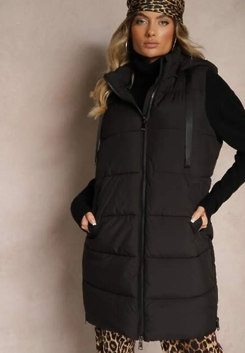 Czarna Długa Kamizelka z Ozdobnym Pikowaniem i Odpinanym Kapturem Neriora