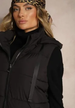 Czarna Długa Kamizelka z Ozdobnym Pikowaniem i Odpinanym Kapturem Neriora