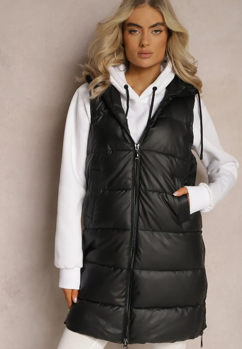 Czarna Długa Kamizelka z Pikowaniem i Obustronnym Suwakiem Wetessa