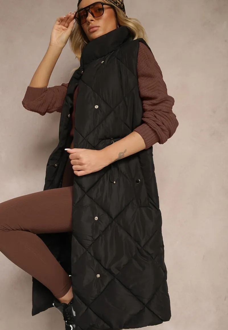 Czarna Długa Kamizelka z Pikowanymi Przeszyciami ze Stójką i Kieszeniami Avalithe