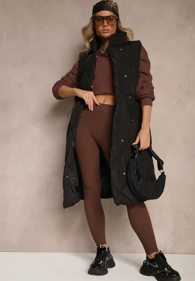 Czarna Długa Kamizelka z Pikowanymi Przeszyciami ze Stójką i Kieszeniami Avalithe