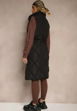 Czarna Długa Kamizelka z Pikowanymi Przeszyciami ze Stójką i Kieszeniami Avalithe