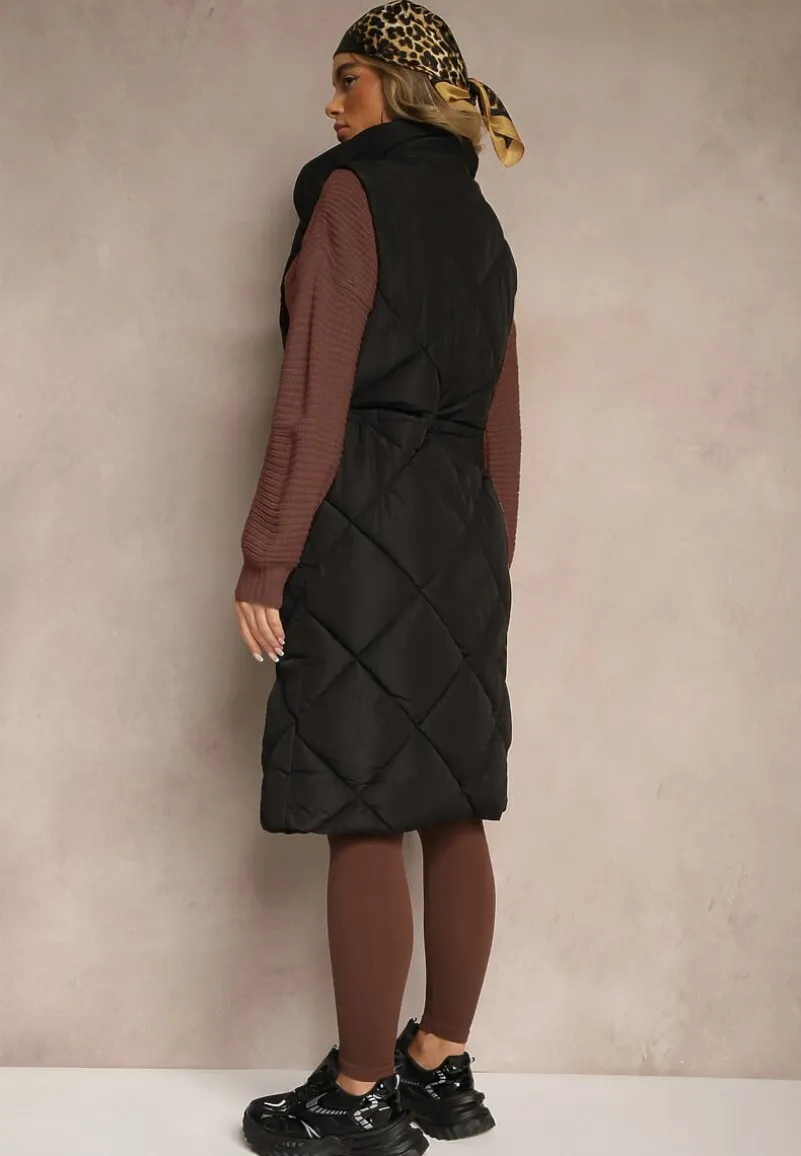 Czarna Długa Kamizelka z Pikowanymi Przeszyciami ze Stójką i Kieszeniami Avalithe