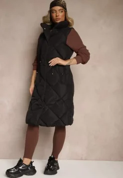 Czarna Długa Kamizelka z Pikowanymi Przeszyciami ze Stójką i Kieszeniami Avalithe