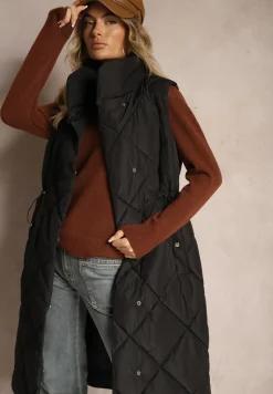 Czarna Długa Kamizelka z Pikowaniem i Troczkami w Pasie Taiaeli