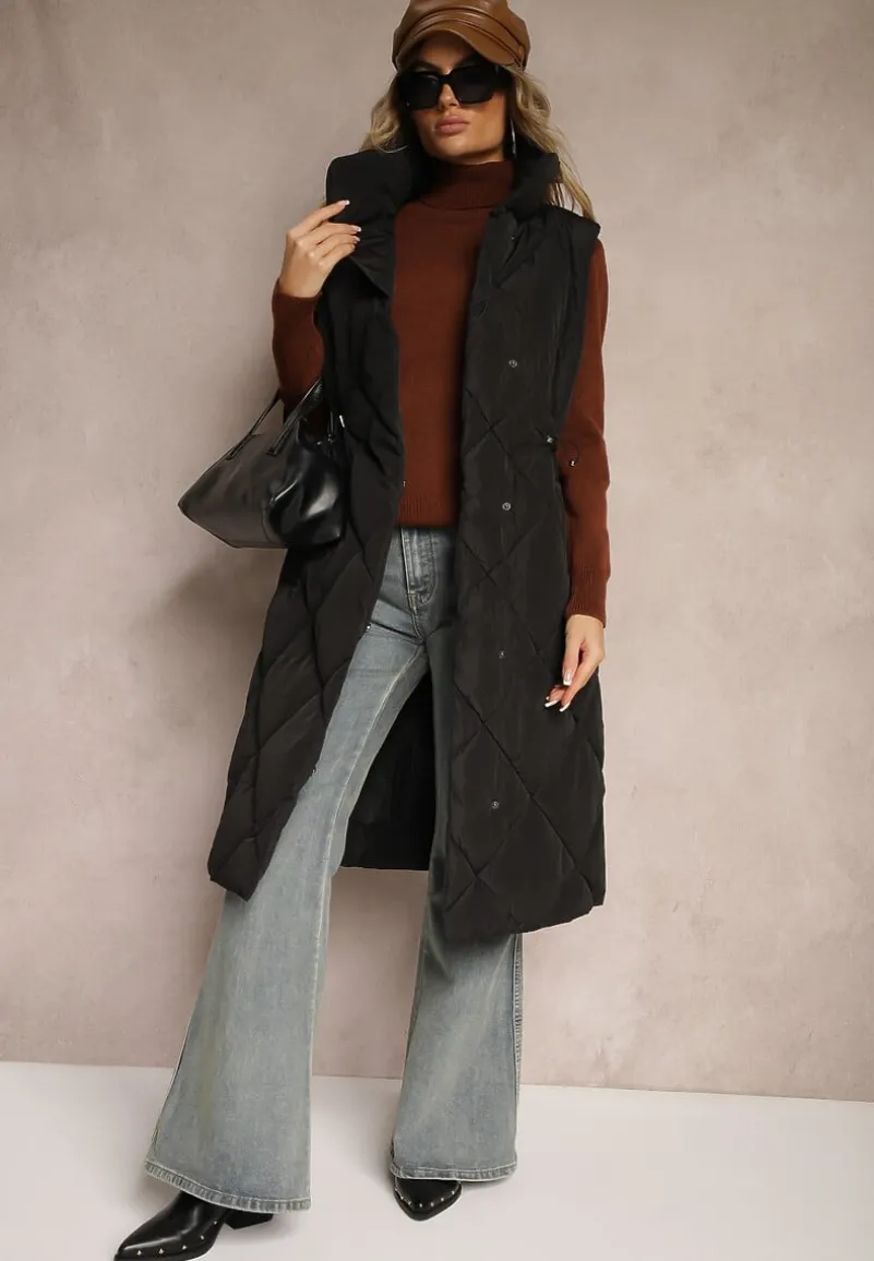 Czarna Długa Kamizelka z Pikowaniem i Troczkami w Pasie Taiaeli