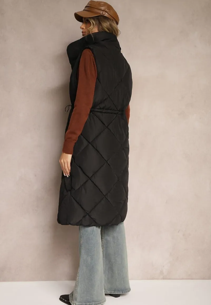 Czarna Długa Kamizelka z Pikowaniem i Troczkami w Pasie Taiaeli