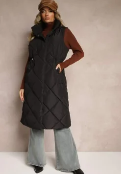 Czarna Długa Kamizelka z Pikowaniem i Troczkami w Pasie Taiaeli